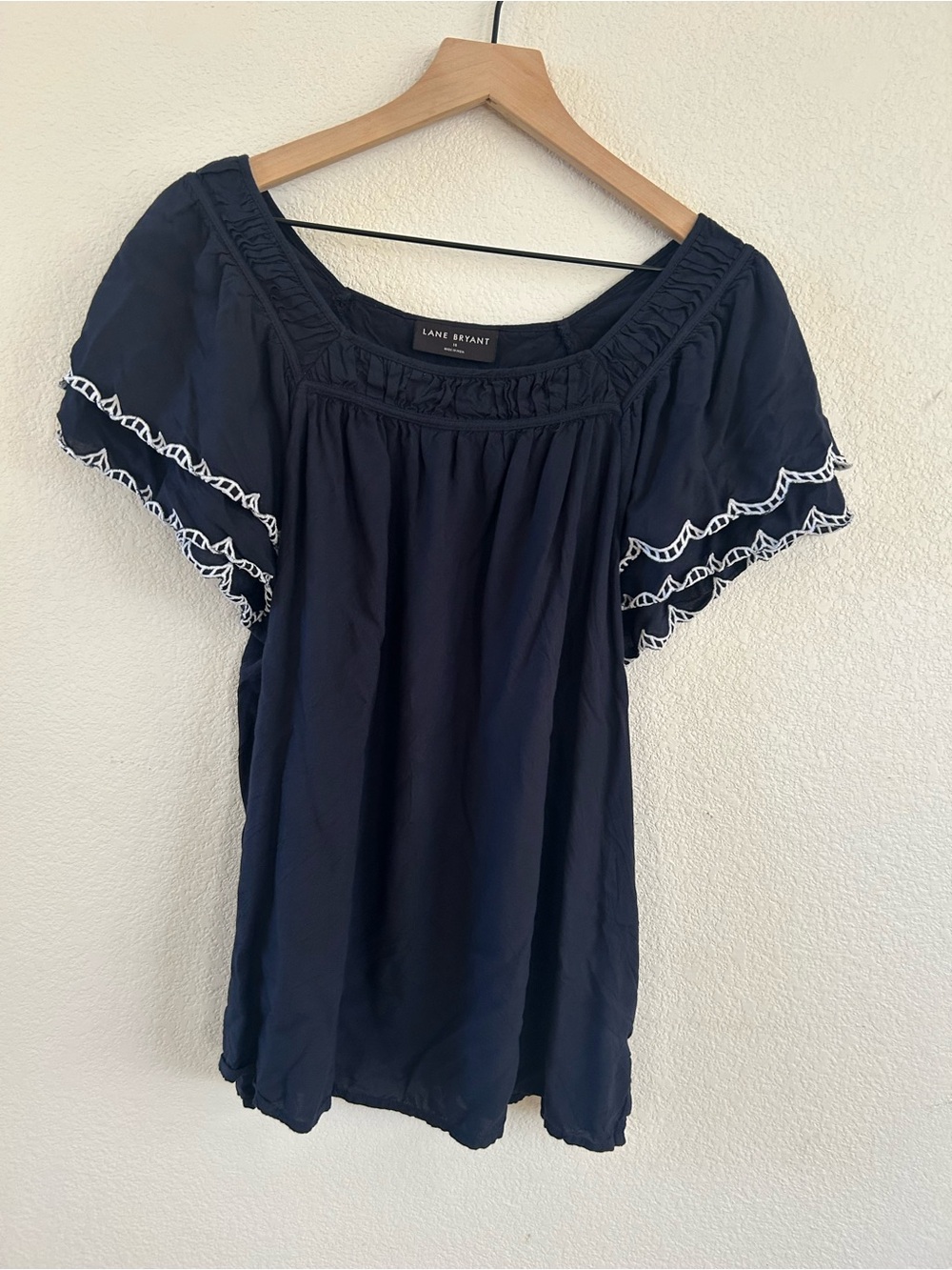 Lane Bryant Navy Short-Sleeve Embroidered Peasant Blouse